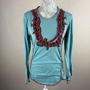Double D Ranch Dark Teal Red Long Sleeve T-shirt Embellished Necklace Medium